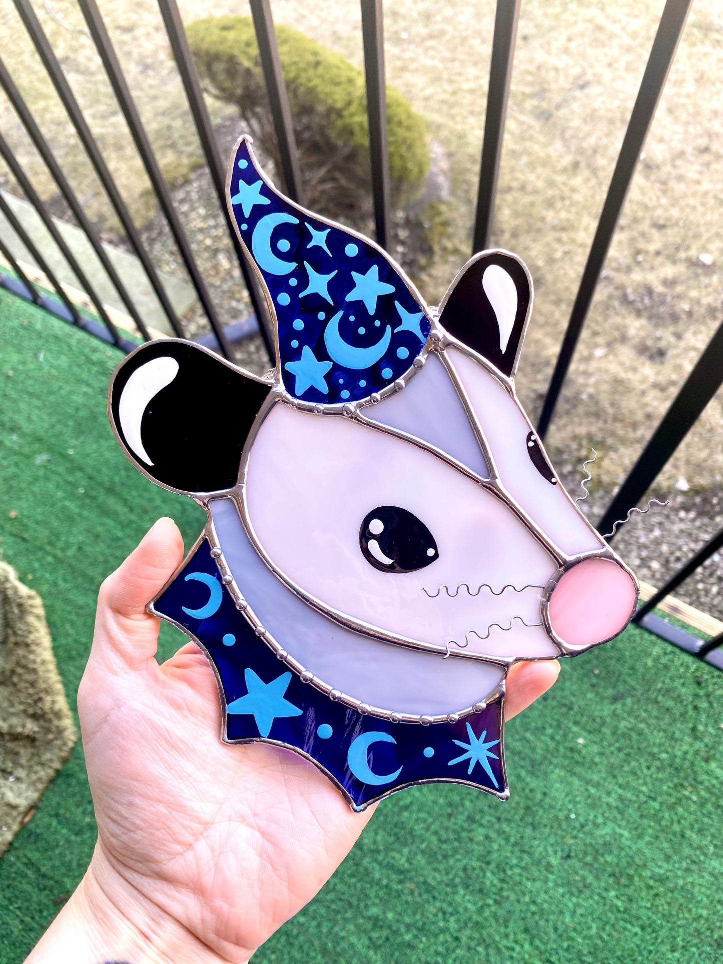 Blue Wizard Opossum Stained Glass Suncatcher