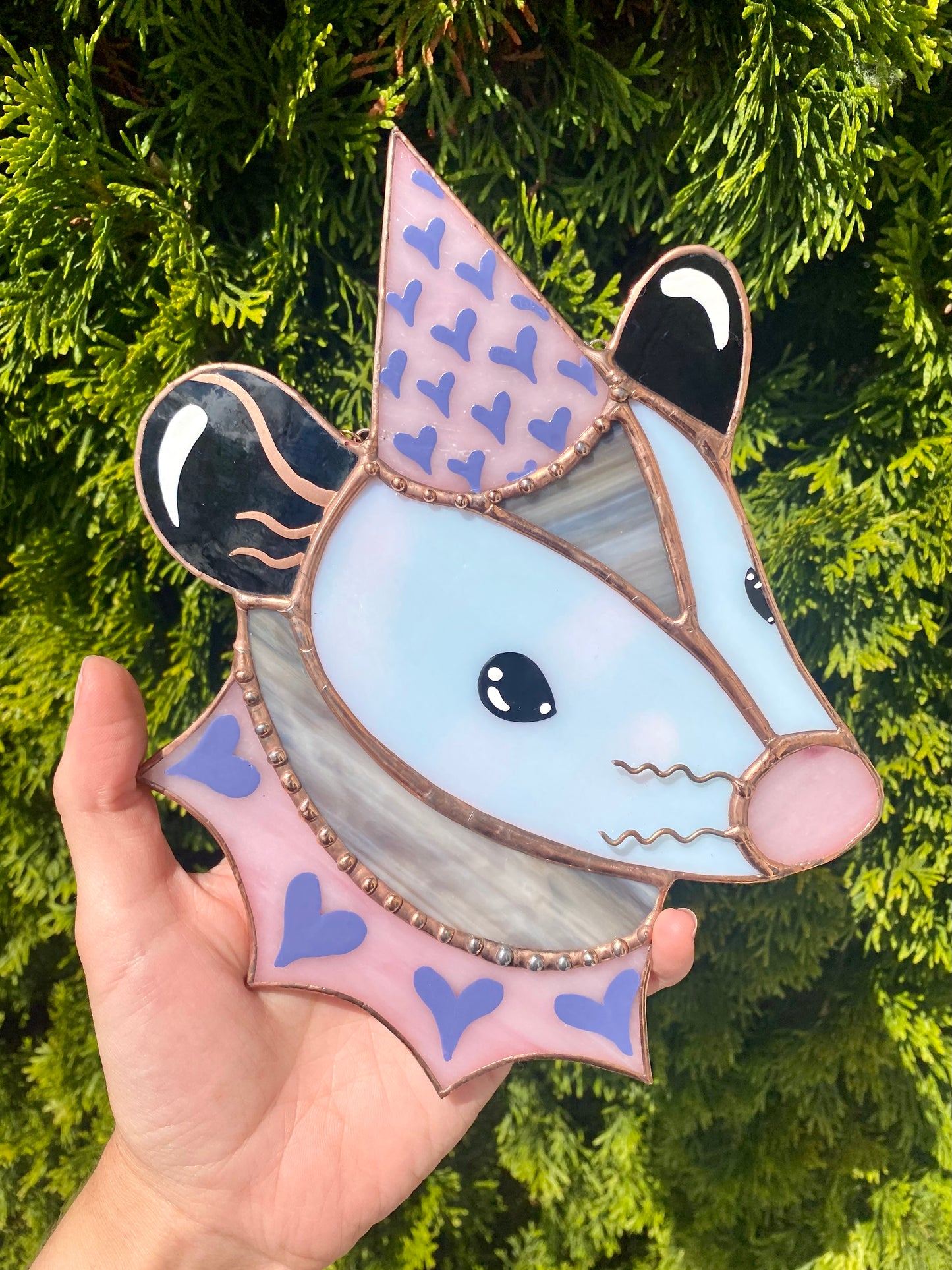 Pink and Purple Heart Opossum Stained Glass Suncatcher
