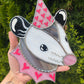 Pink and Silver Heart Opossum Stained Glass Suncatcher