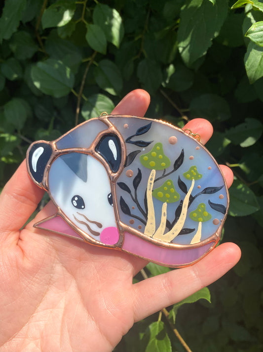 Sleepy Green Mushroom Opossum Stained Glass Ornament