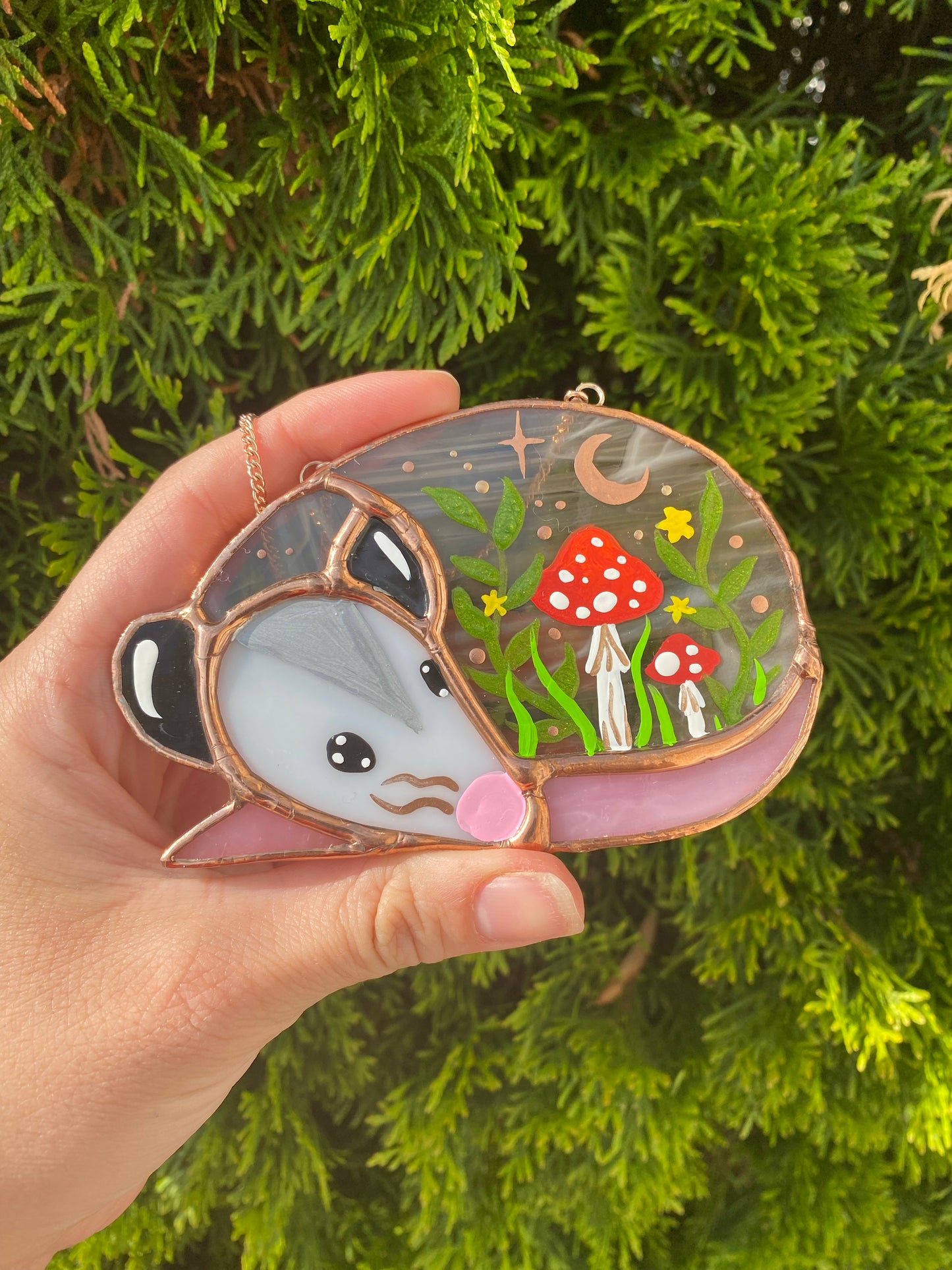 Red Mushroom Sleepy Opossum Mini Stained Glass Suncatcher