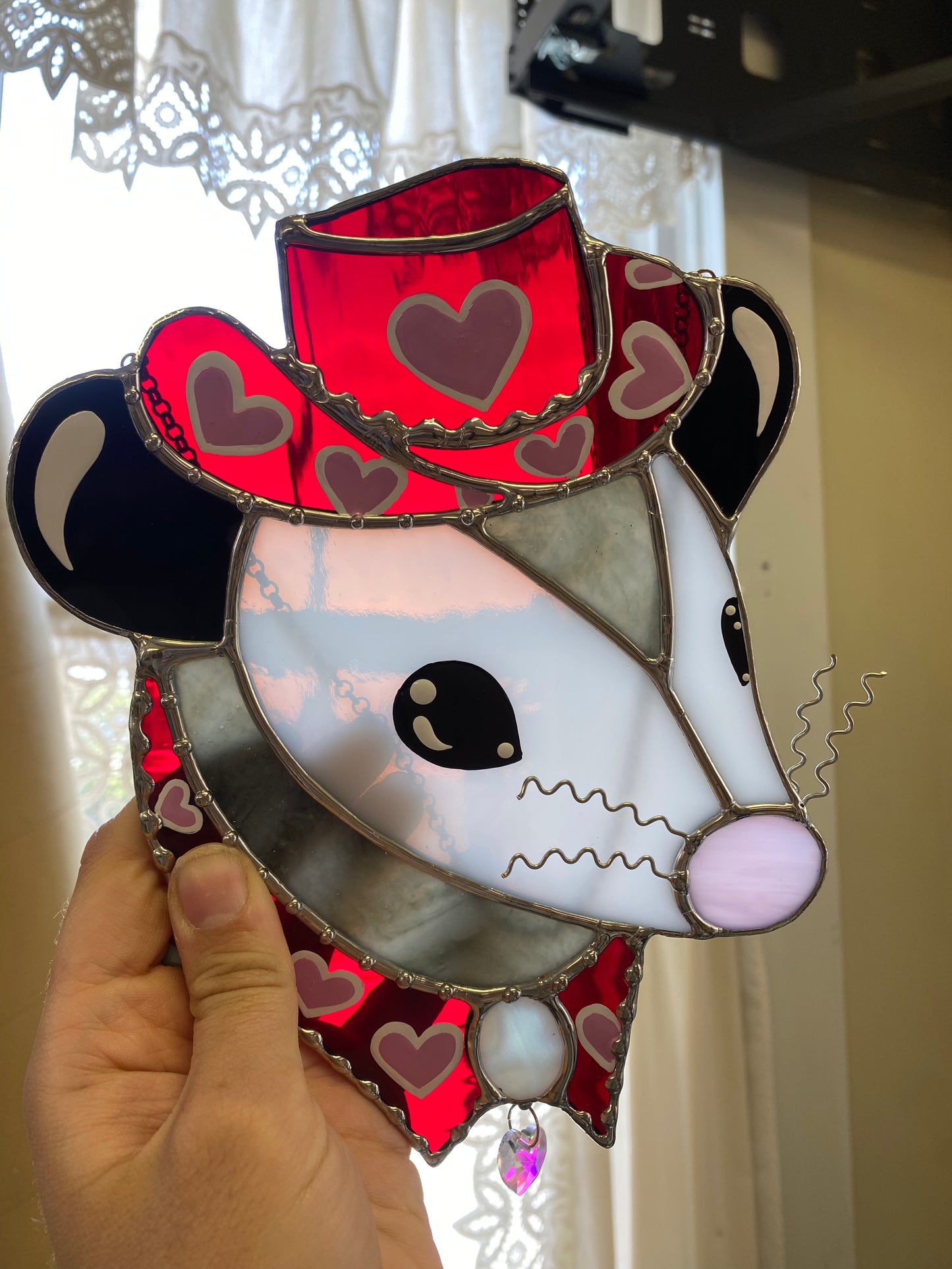 Red Lovely Cowboy Opossum Stained Glass Suncatcher