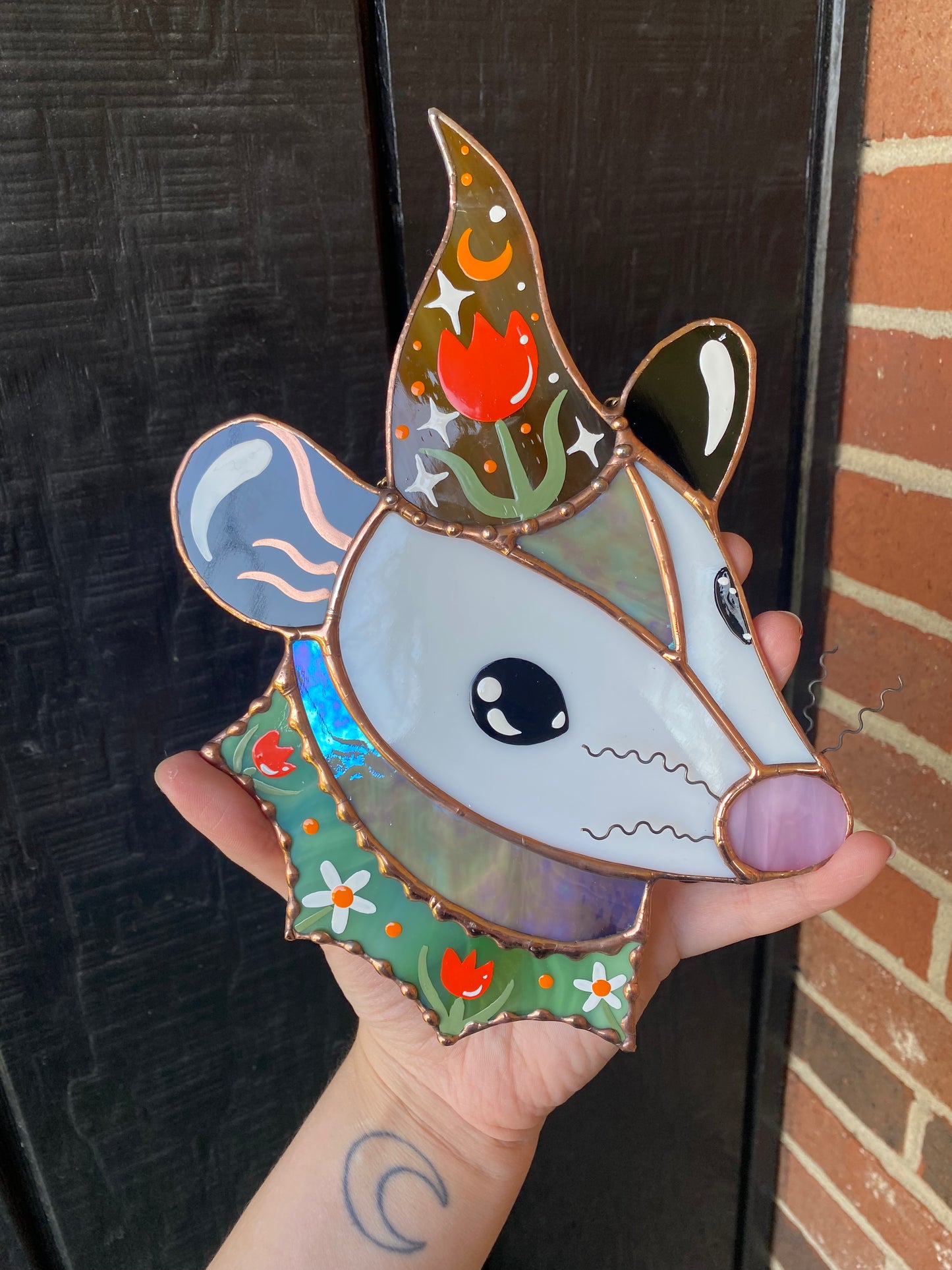 Tulip Wizard Opossum Stained Glass Suncatcher