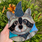 Large Blue Van Gogh Wizard Raccoon Stained Glass Suncatcher