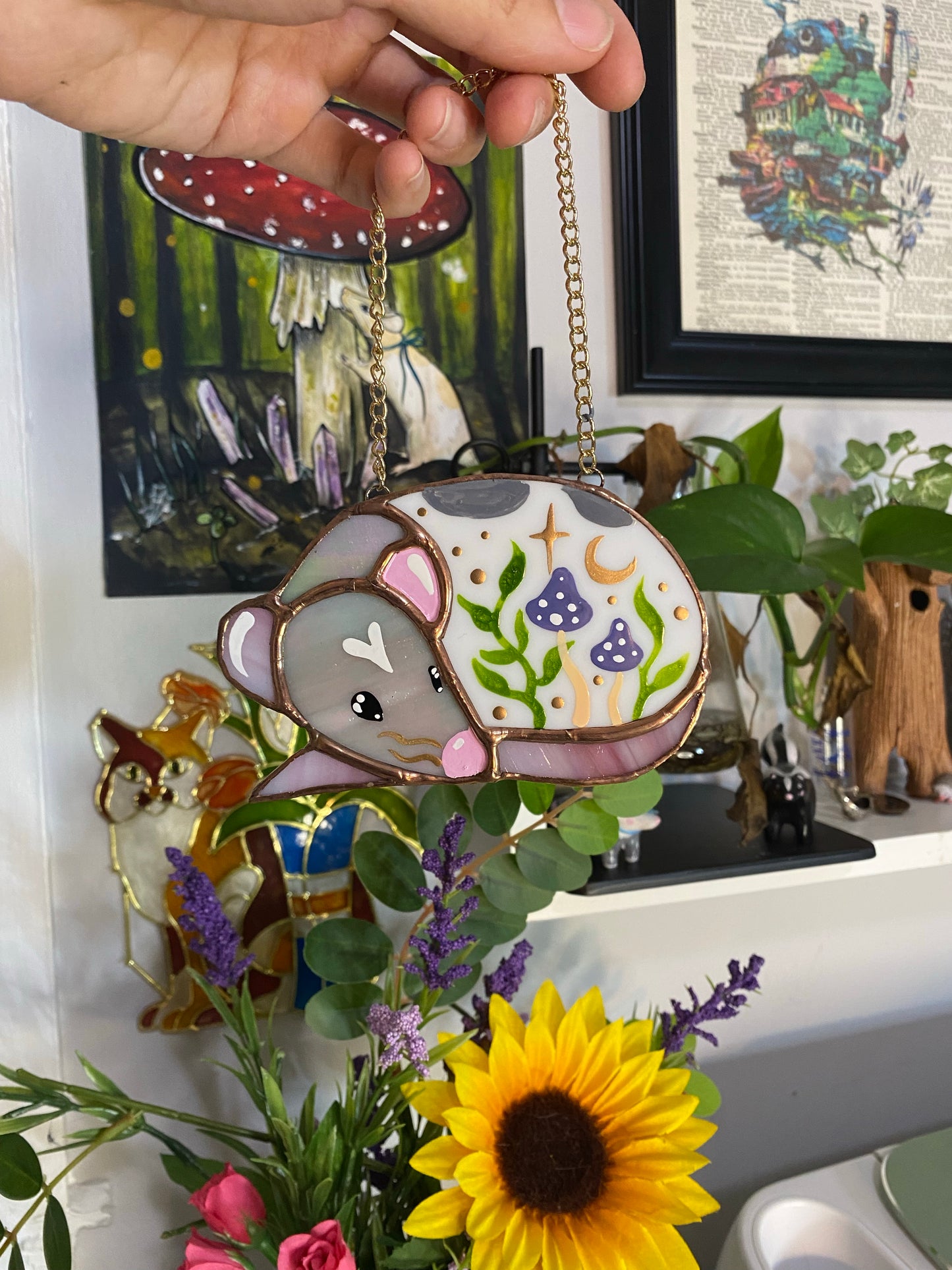 Mini Grey Rat and Purple Mushroom Stained Glass Suncatcher