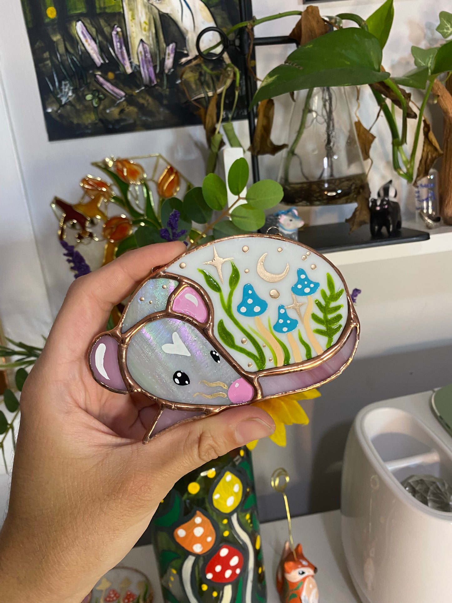 Mini Grey Rat and Blue Mushroom Stained Glass Suncatcher