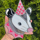 Pink and Silver Heart Opossum Stained Glass Suncatcher