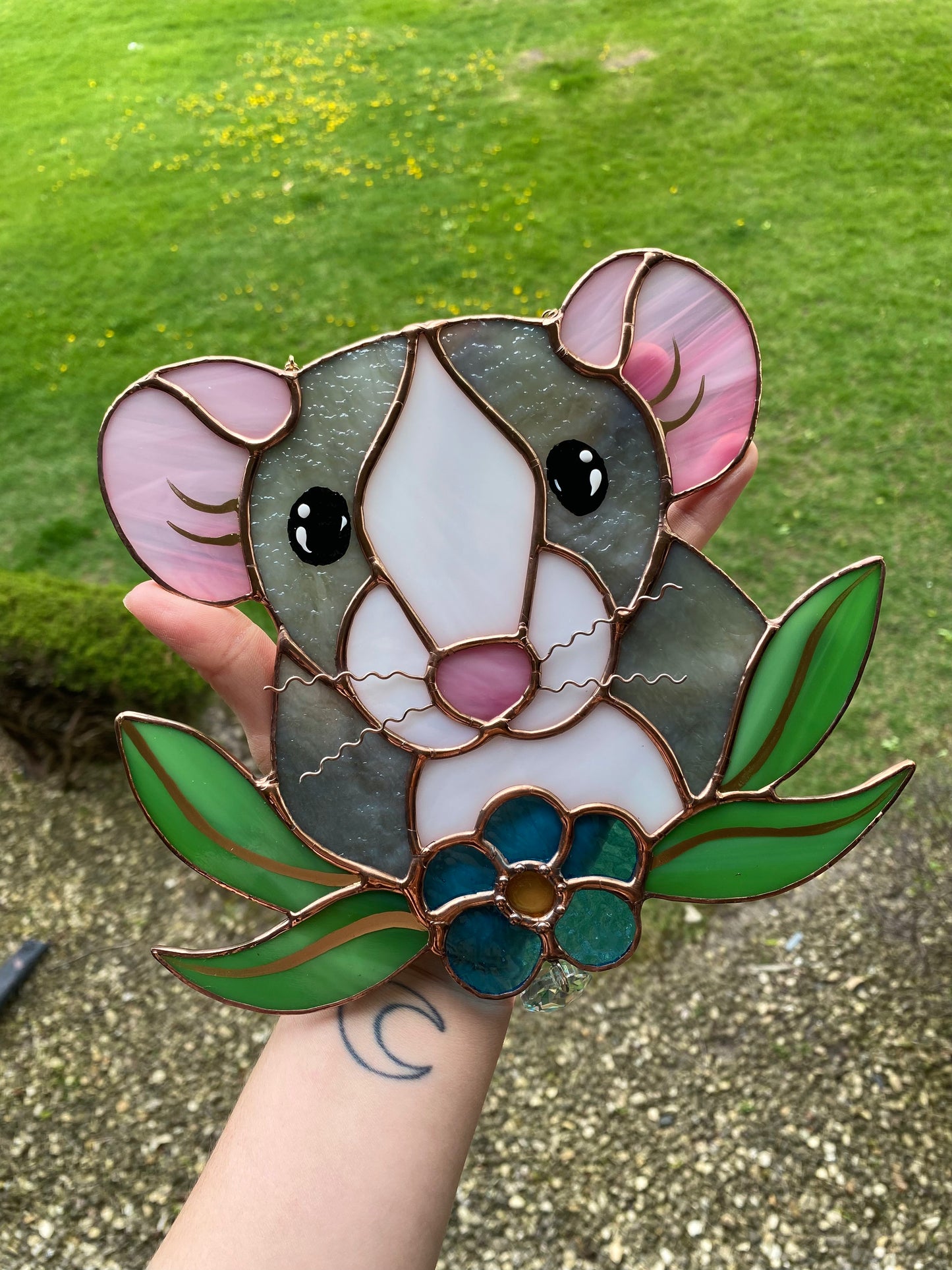 Flower Dumbo Rat Stained Glass Suncatcher
