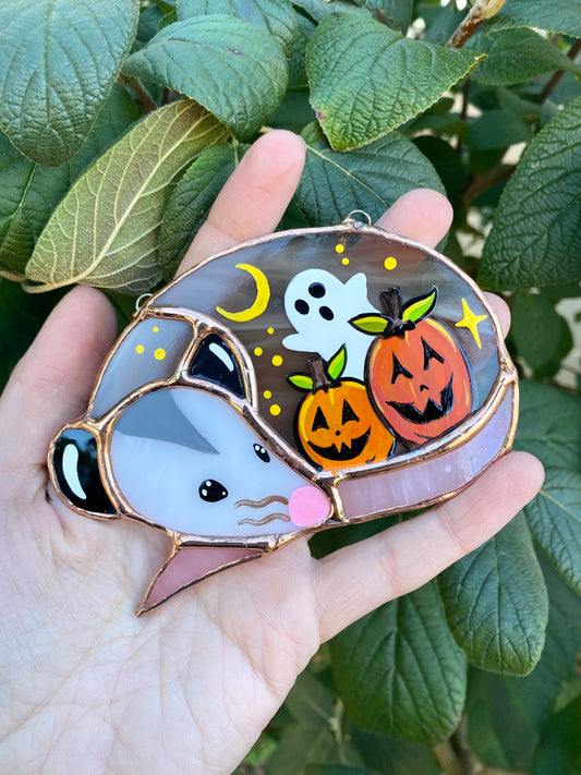 Pumpkins and Ghost Mini Halloween Opossum Stained Glass Suncatcher
