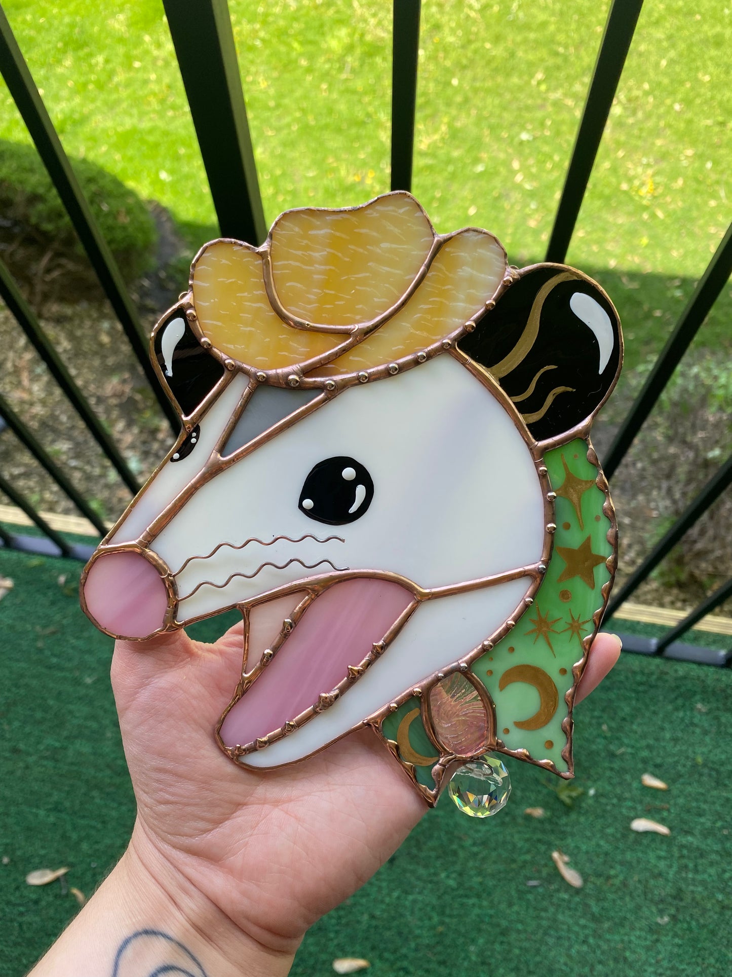 Green Celestial Screamy Cowboy Opossum Stained Glass Suncatcher