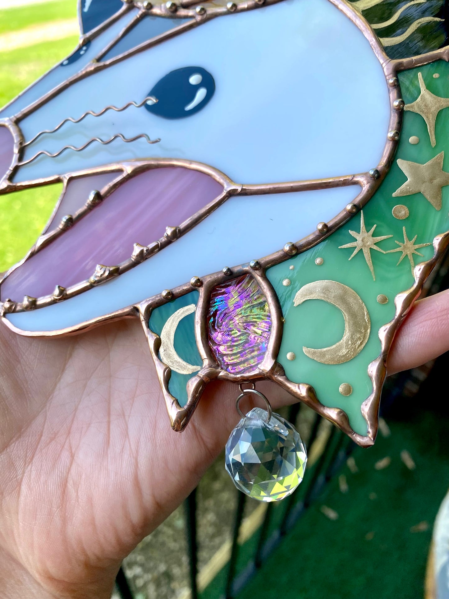 Green Celestial Screamy Cowboy Opossum Stained Glass Suncatcher