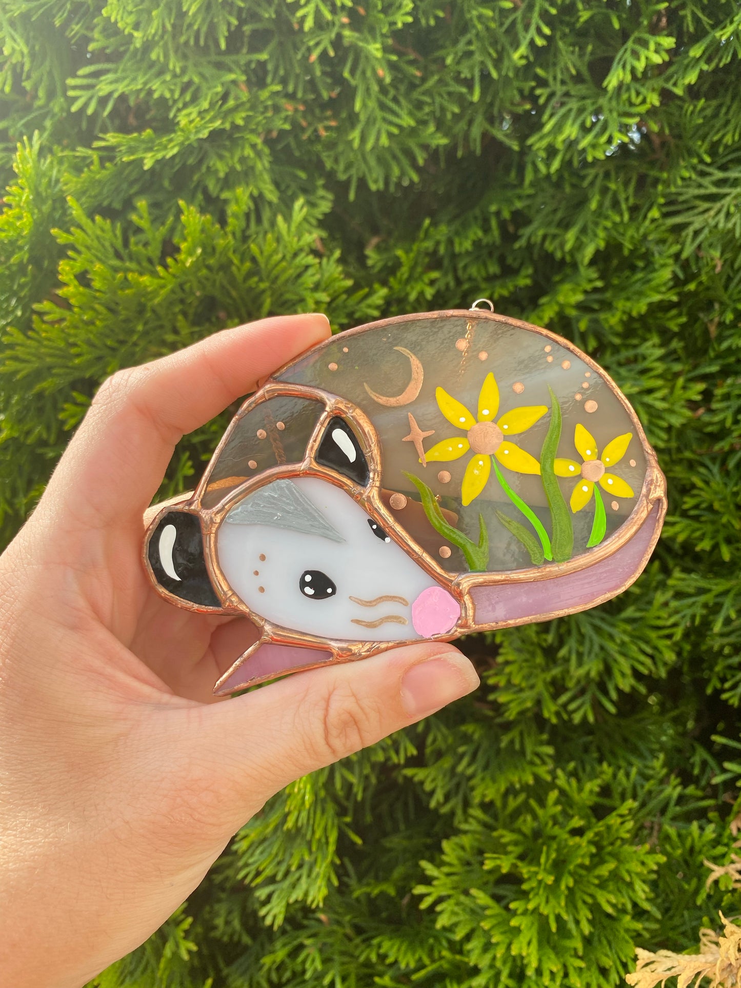 Sunflower Sleepy Opossum Mini Stained Glass Suncatcher