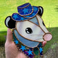 Blue Iridescent Cowboy Opossum Stained Glass Suncatcher