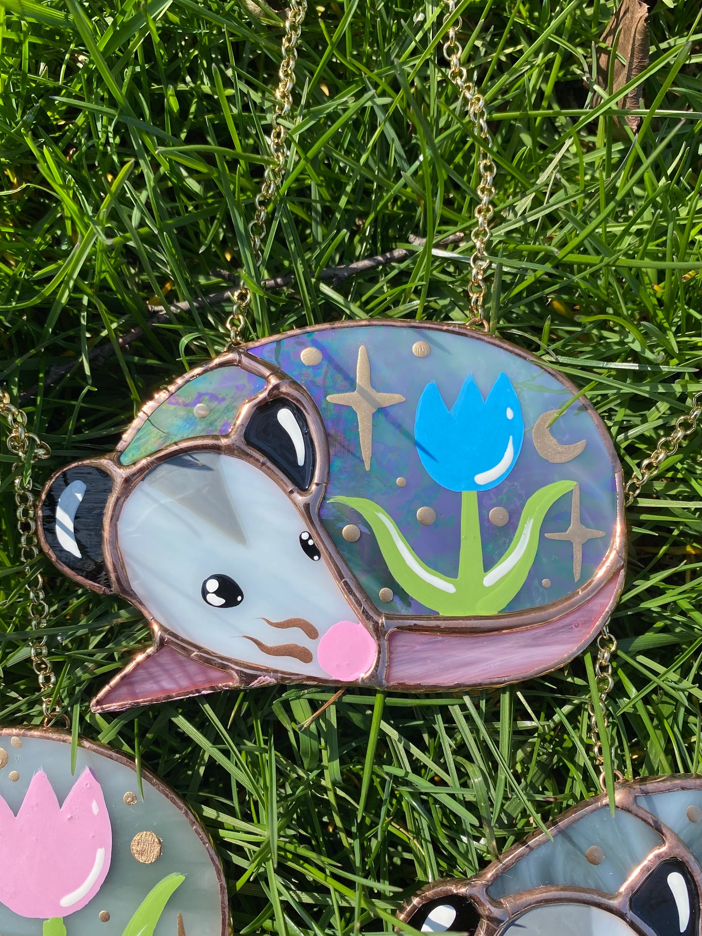 Sleepy Blue Iridescent Tulip Opossum Stained Glass Ornament