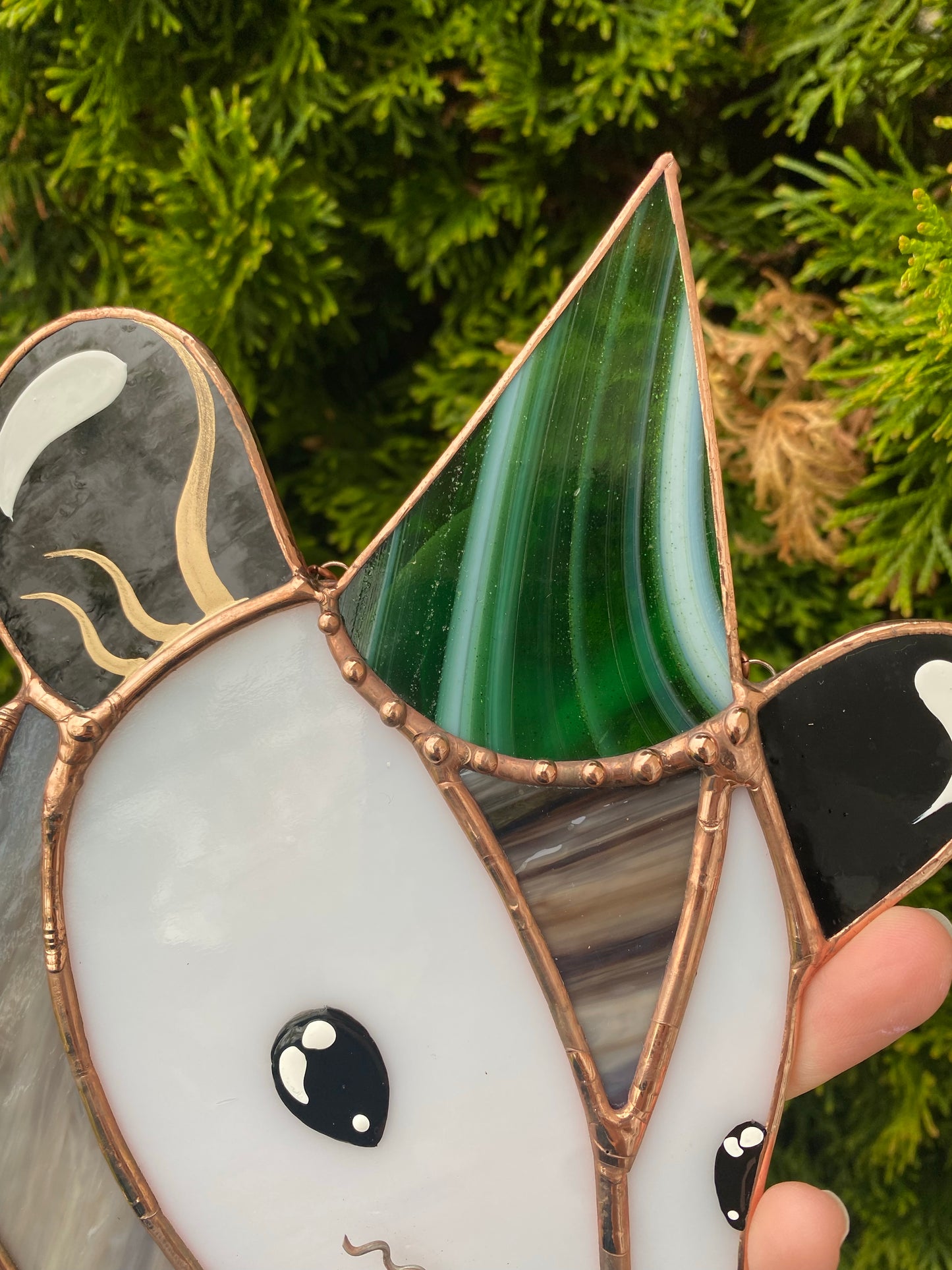 Swirly Green Aventurine Wizard Opossum Stained Glass Suncatcher