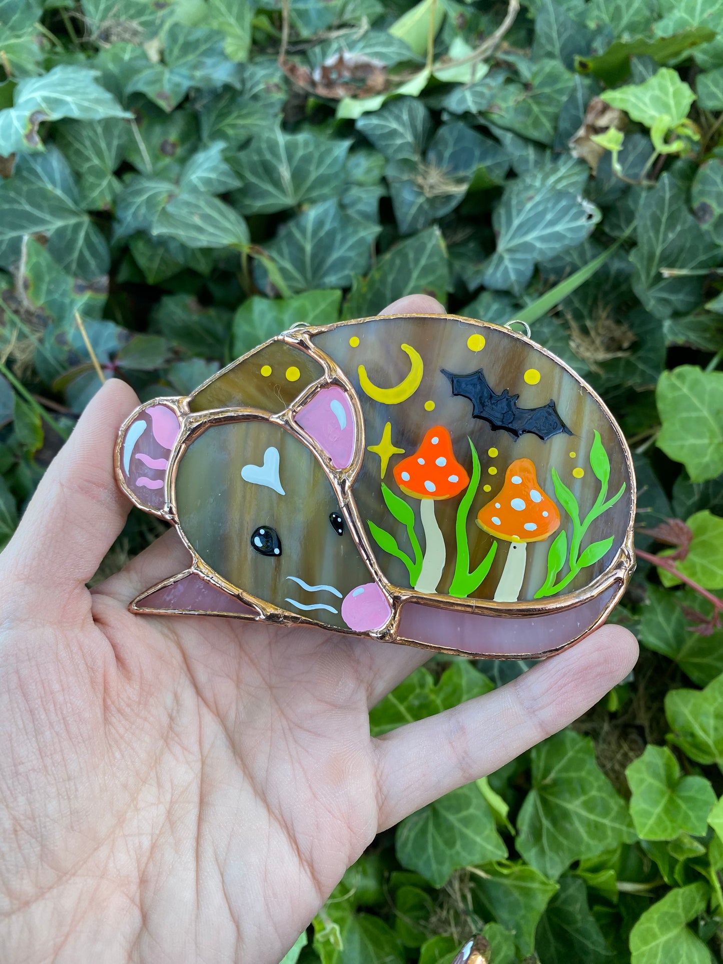 Orange Mushrooms and Bat Mini Halloween Rat Stained Glass Suncatcher