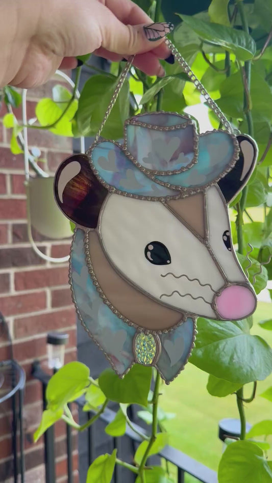 Baby Blue Pony Opossum Stained Glass Suncatcher
