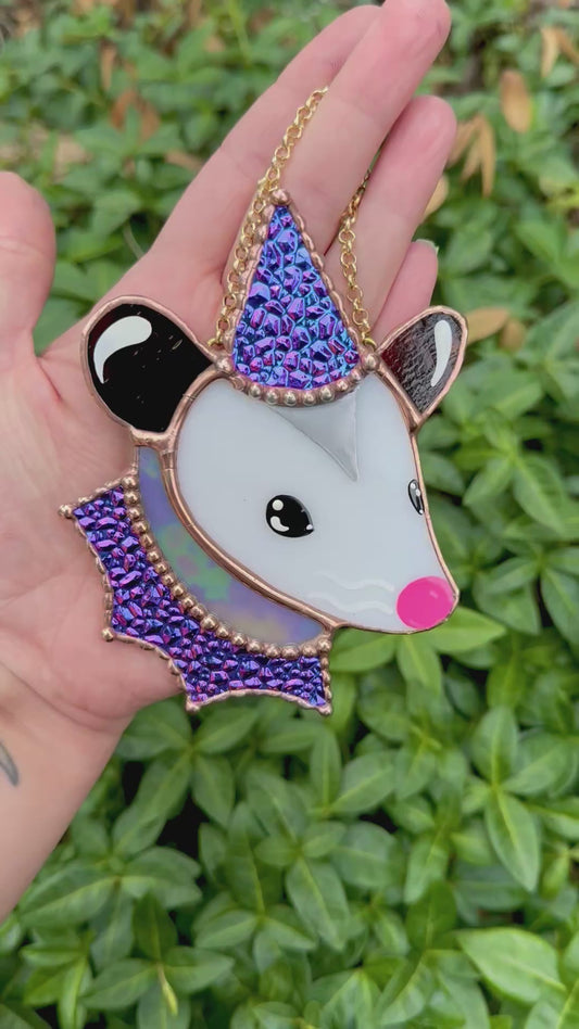 Pink/Purple Stained Glass Opossum Ornament
