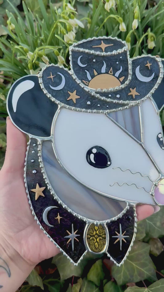 Mixed Metal Celestial Opossum Stained Glass Suncatcher