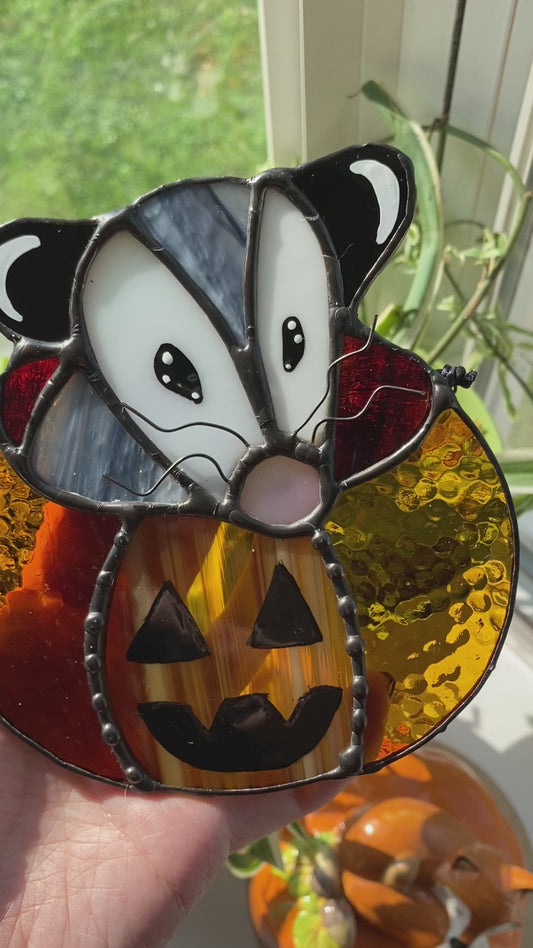 Mini Pumpkin Opossum Stained Glass Suncatcher