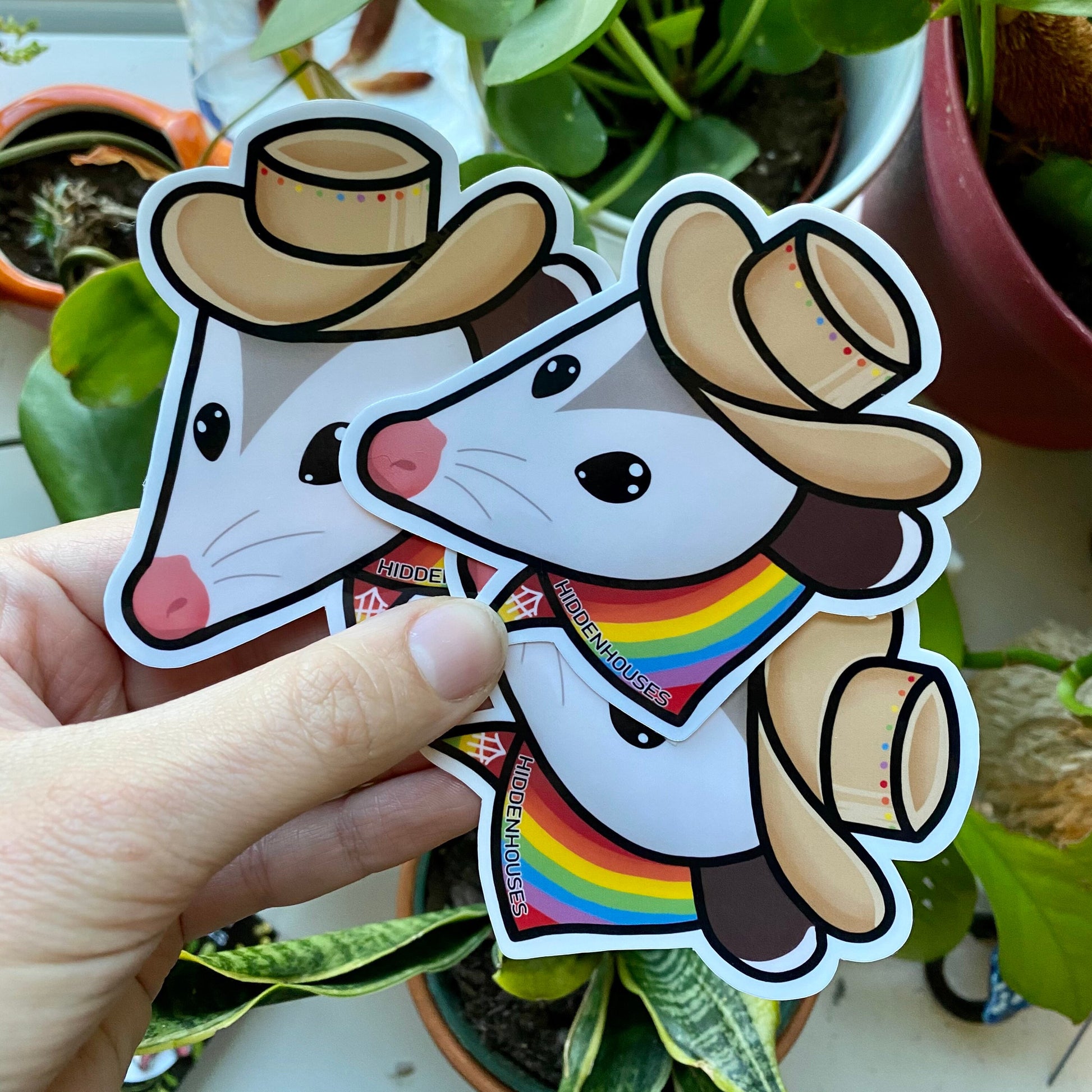 Rainbow Cowboy Opossum Glossy Vinyl Sticker 3.25”