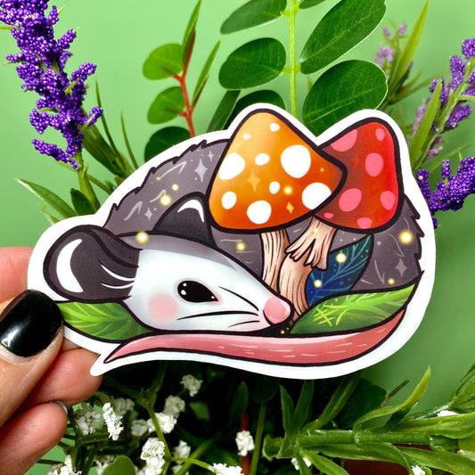 Mushroom Guardian Opossum Cottagecore Waterproof Vinyl Sticker 3.75"