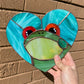 Teal Heart Frog Stained Glass Suncatcher