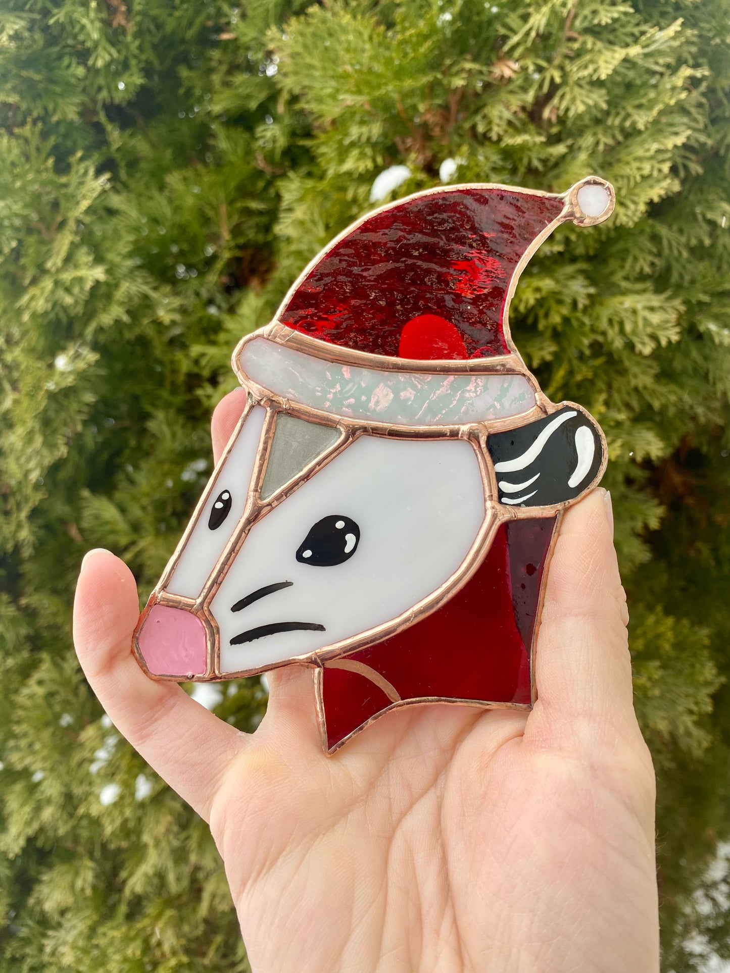Santa Opossum Stained Glass Ornament