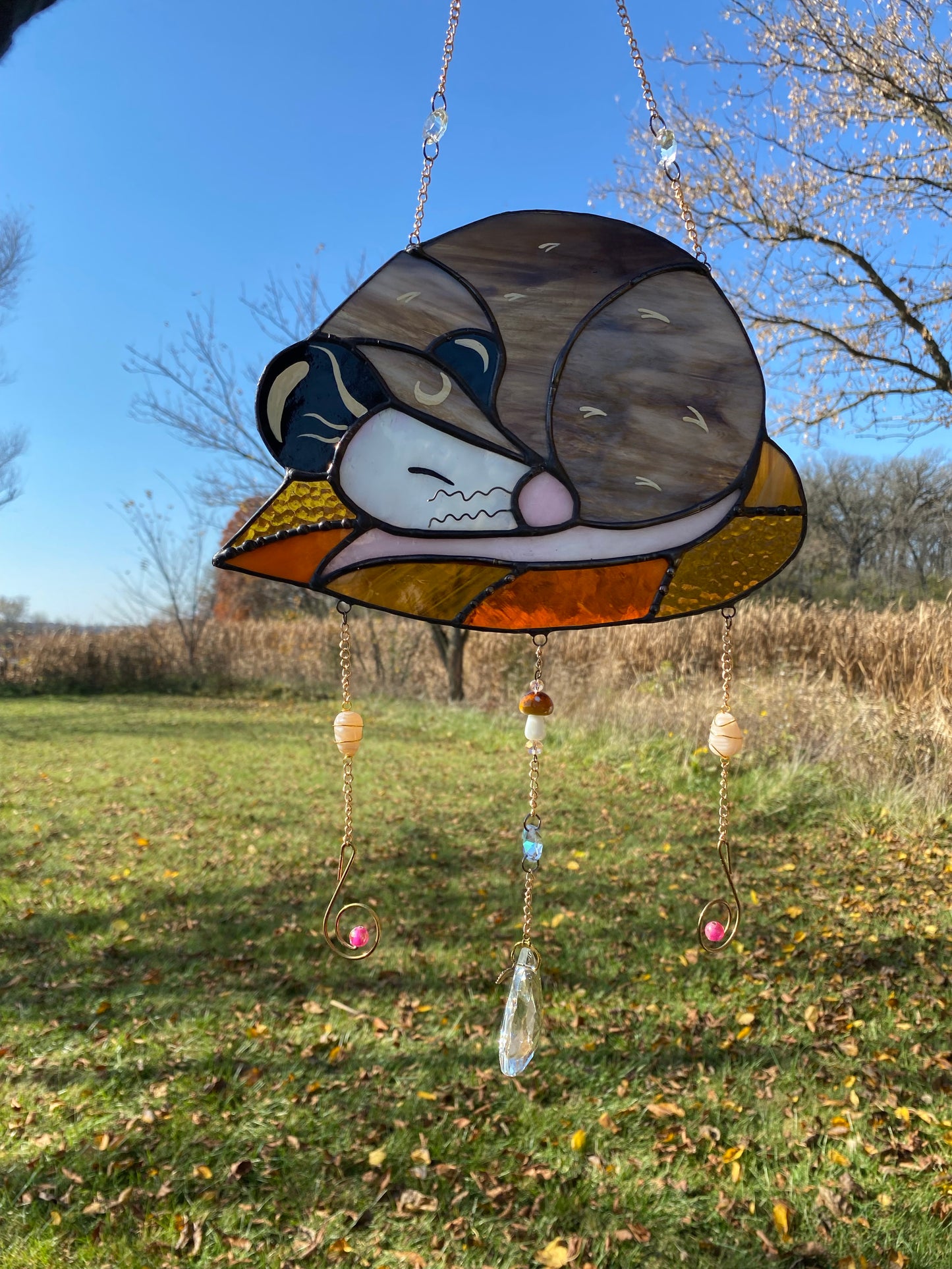 Fall Leaf Opossum Stained Glass Suncatcher