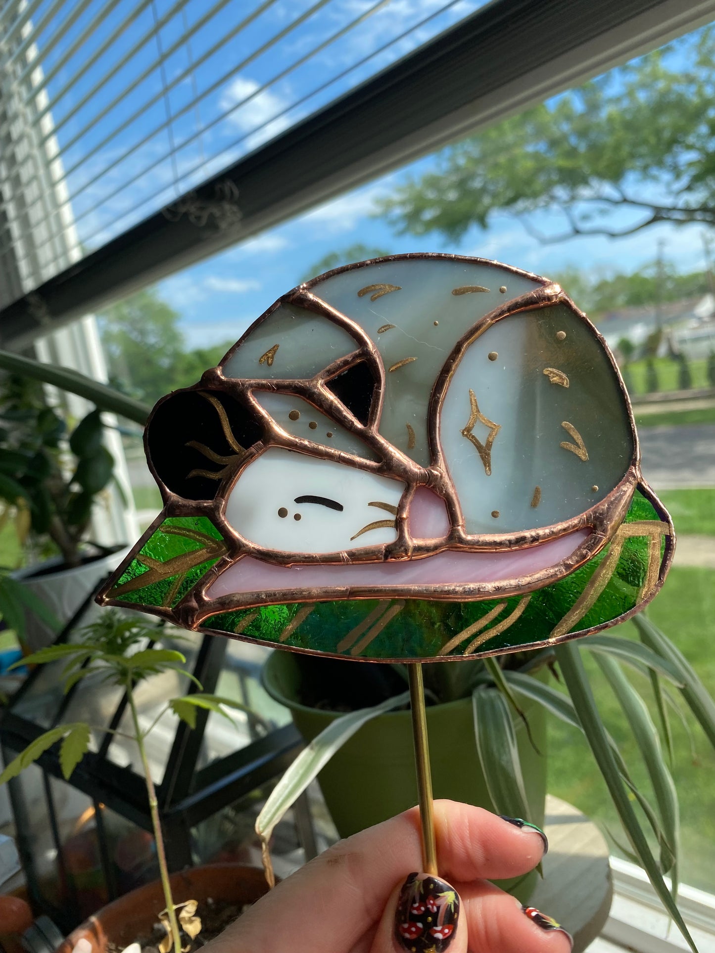 Stained Glass Opossum Planter Stake