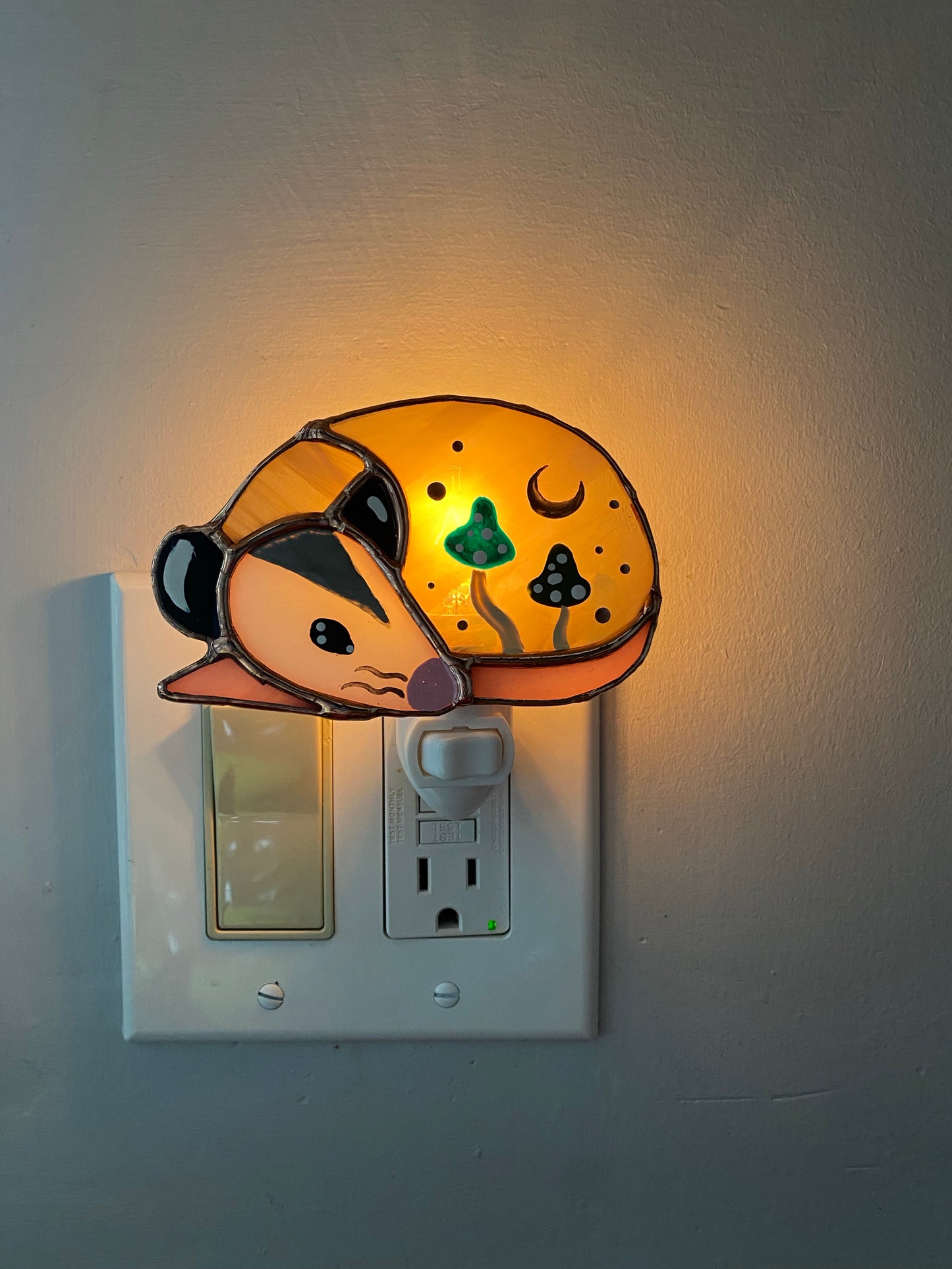 Green Mushroom Opossum Stained Glass Nightlight