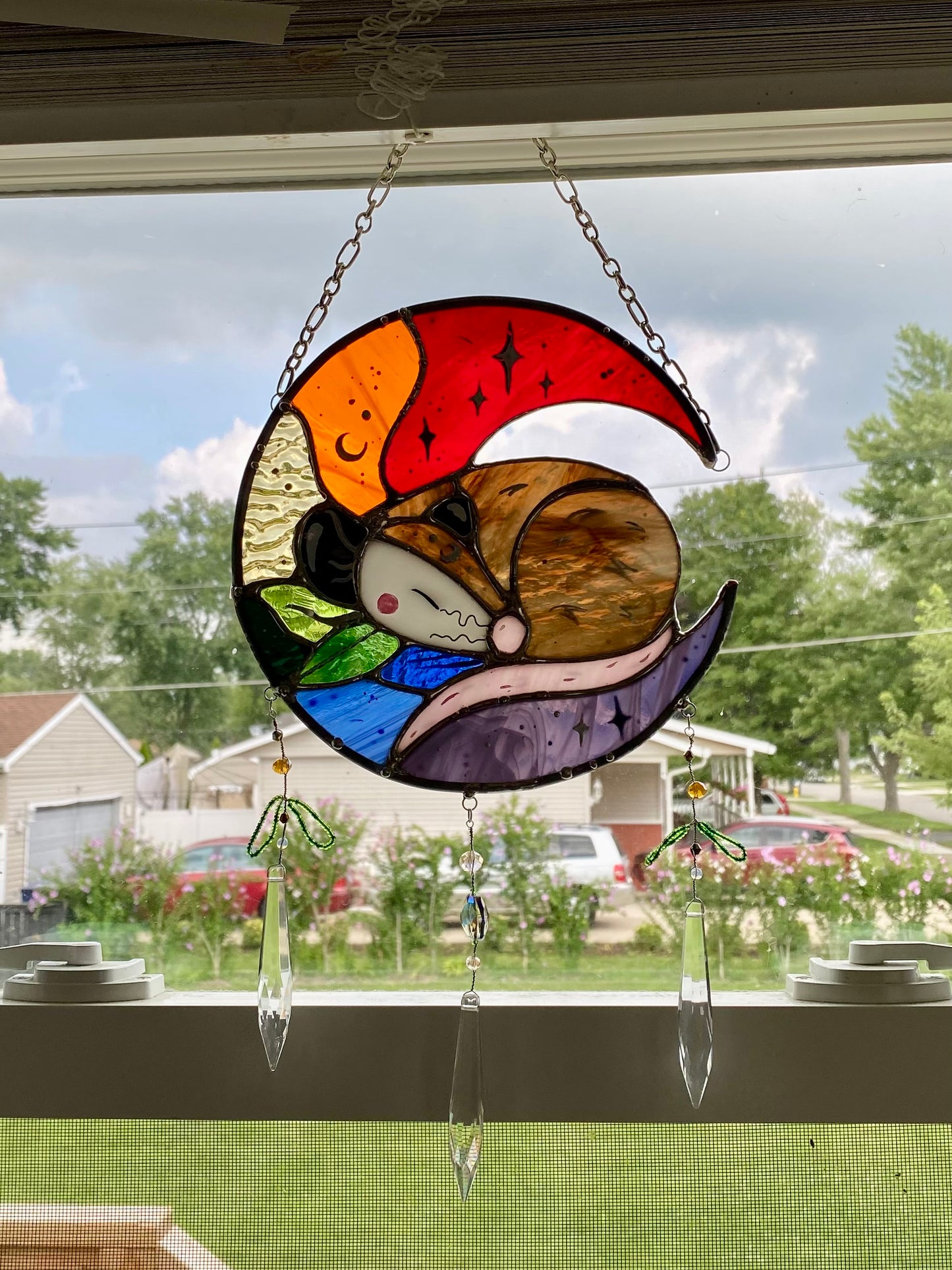 Rainbow Opossum Moon Stained Glass Suncatcher