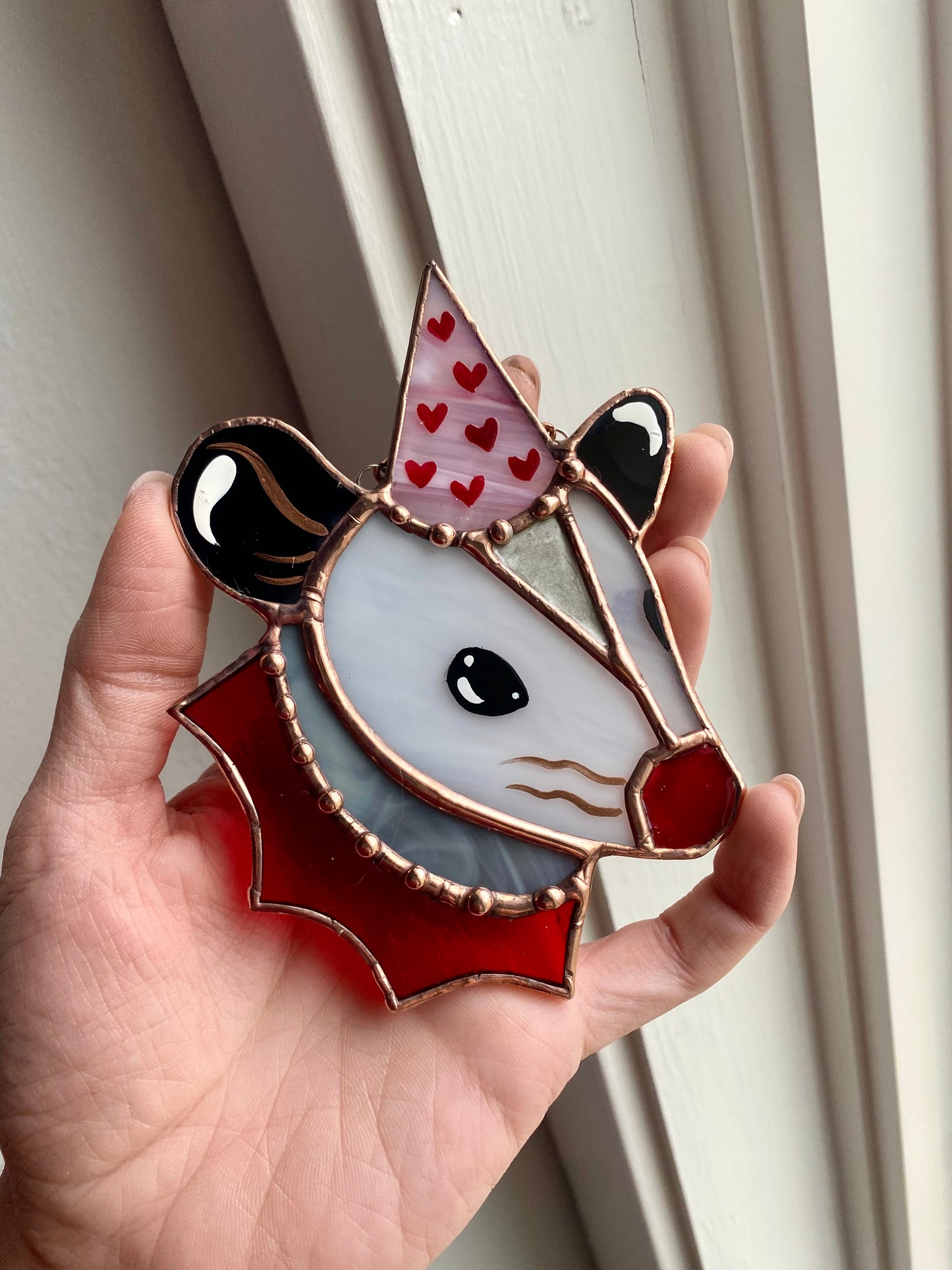Mini Valentines Opossum Stained Glass Ornament