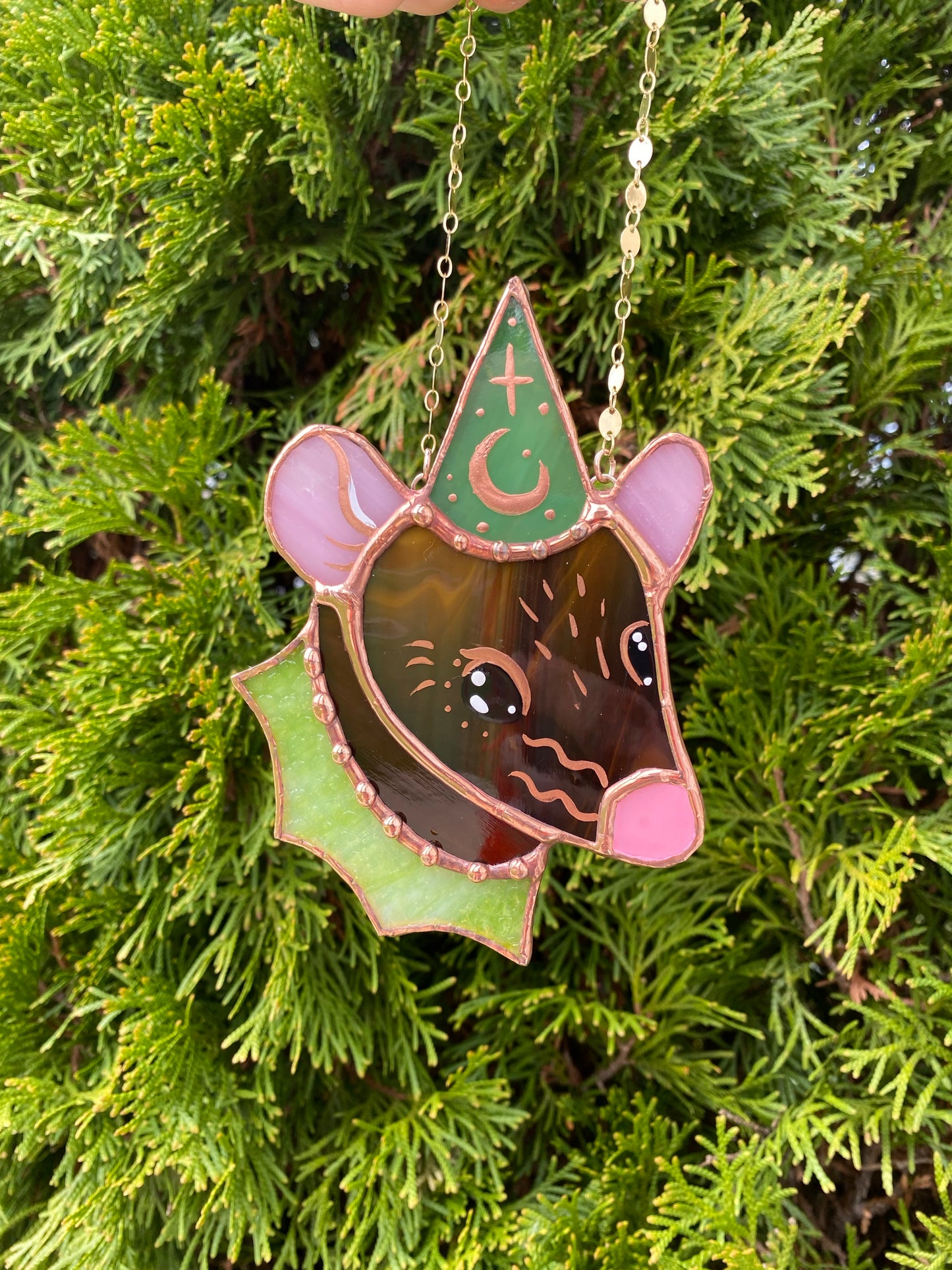 Brown and Green Wizard Rat Mini Stained Glass Suncatcher